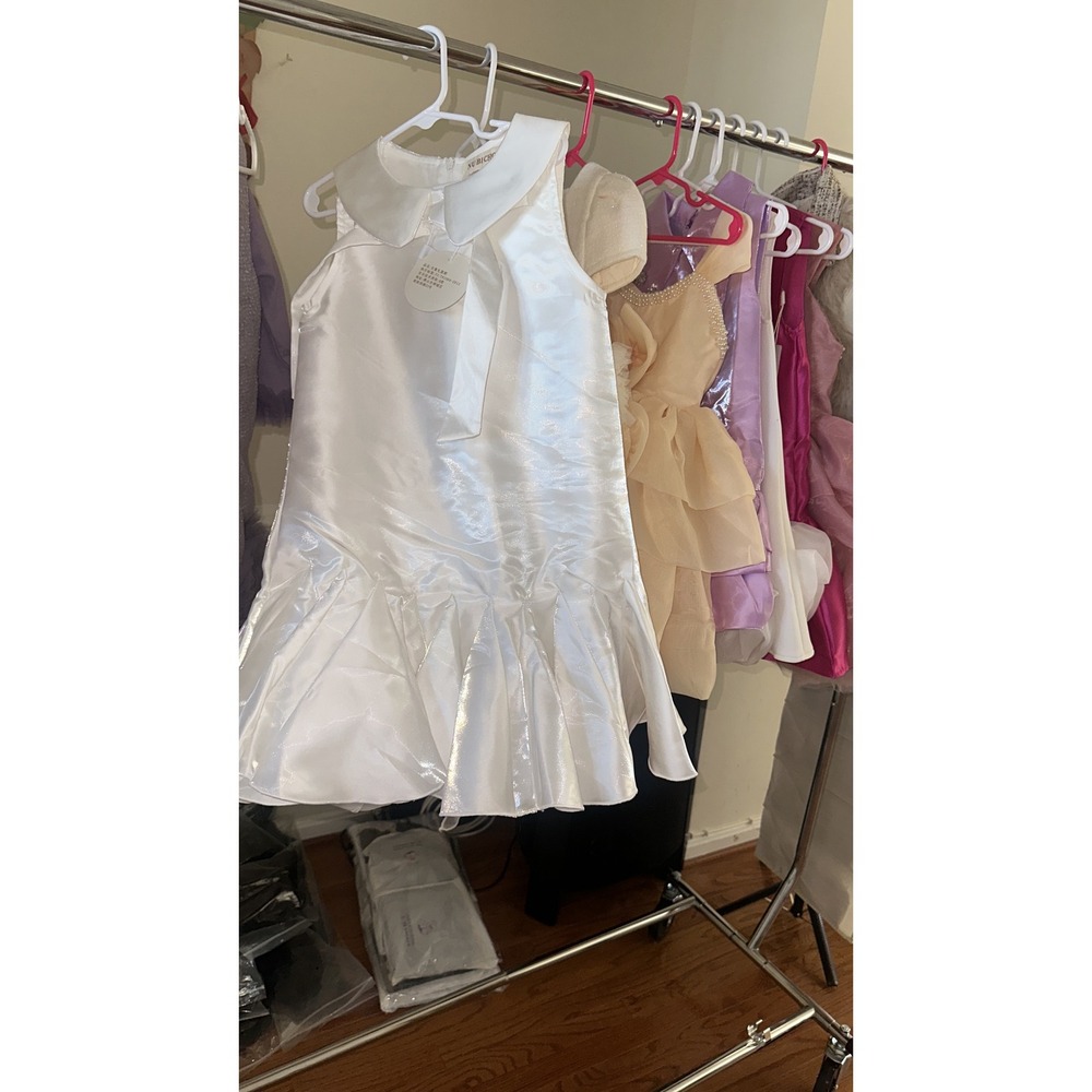 Boutique Flower Girl Dress ChampagneTulle 3DRosette Pearl Accents Formal Wedding - Picture 7 of 10